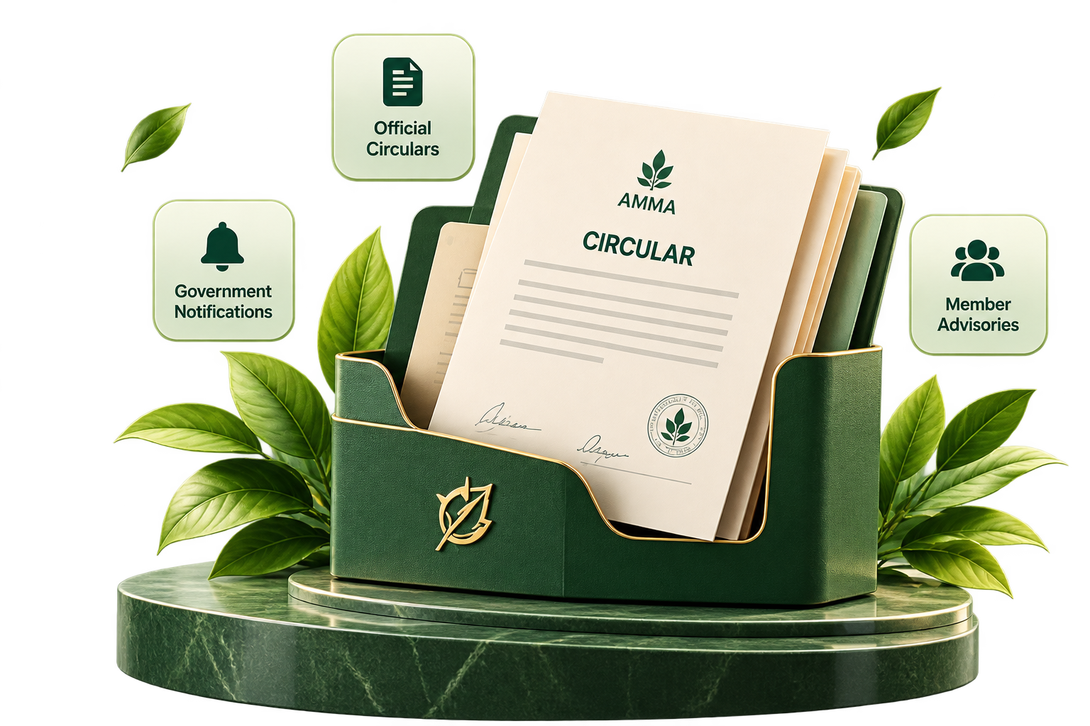 AMMA circular in a green desk tray with official circulars, government notifications and member advisories
