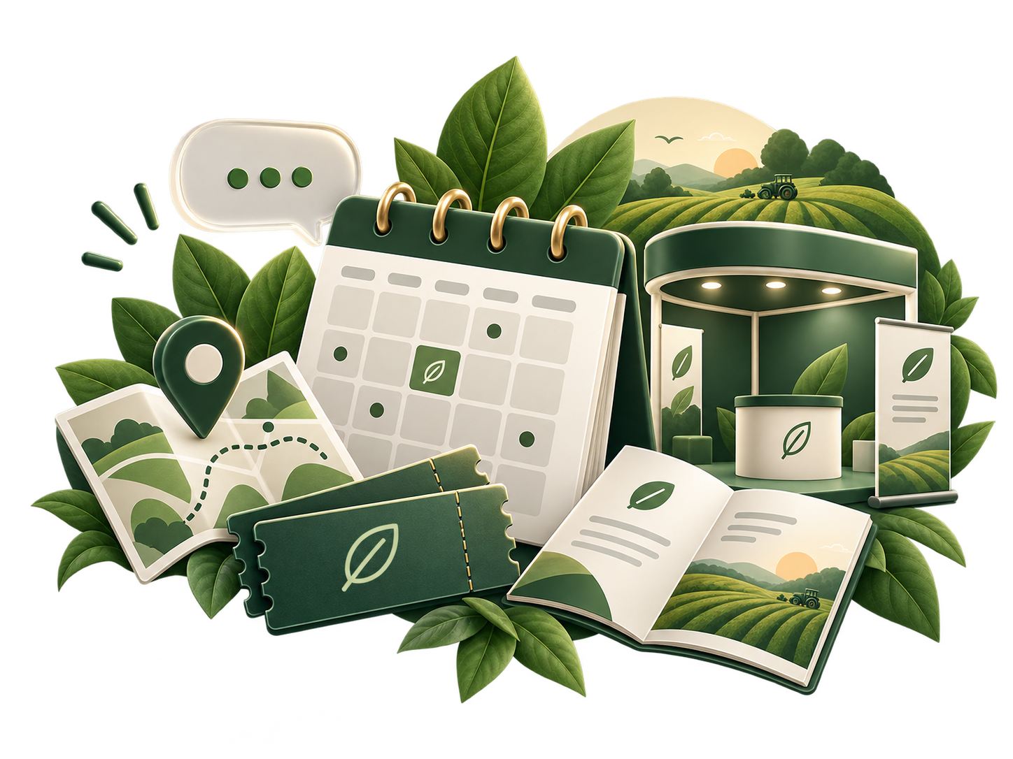 Calendar, ticket, map pin and exhibition stall illustration