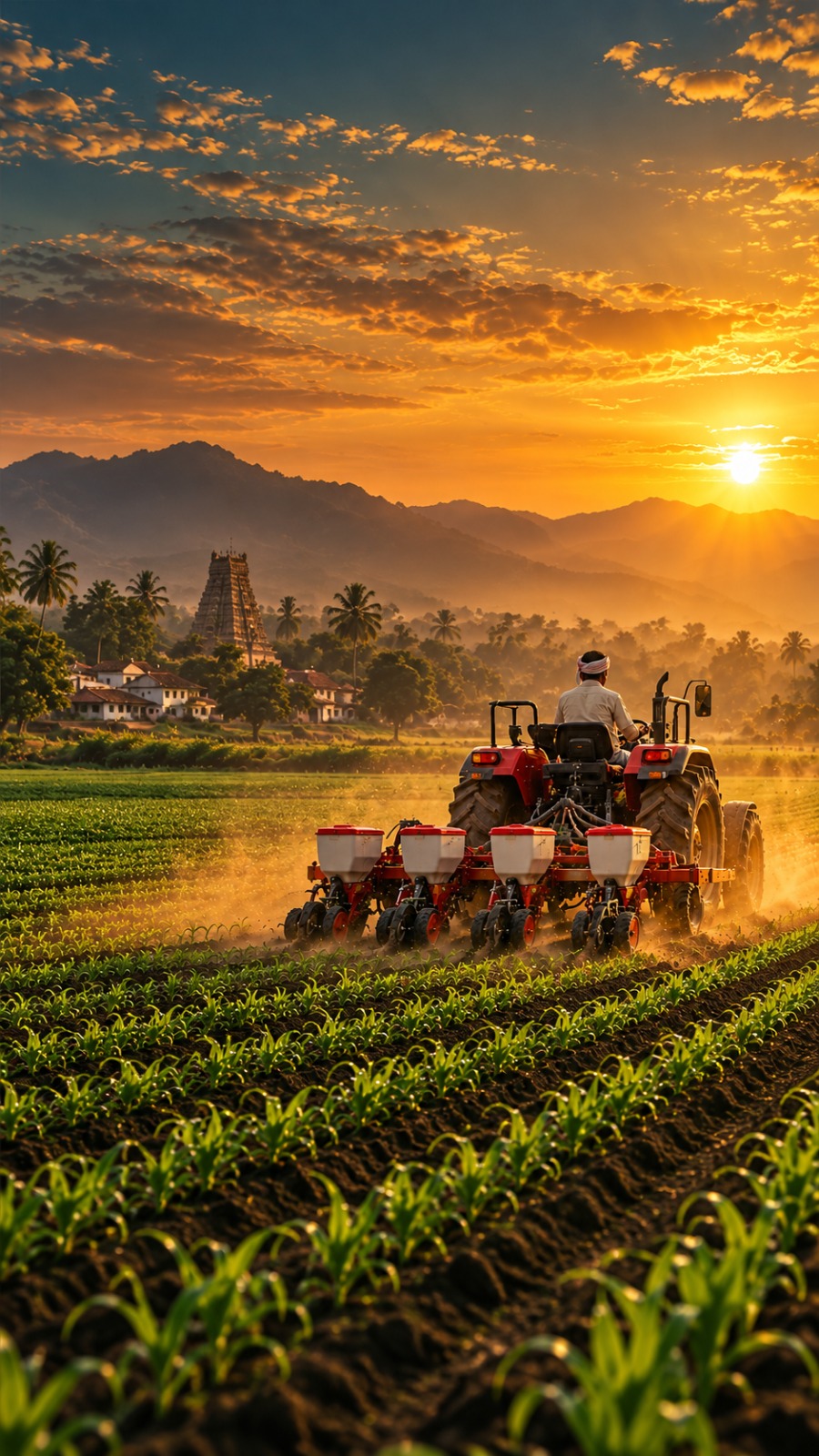 Farmer driving a red tractor with a four-row planter through young crop rows at golden hour, temple and palms behind
