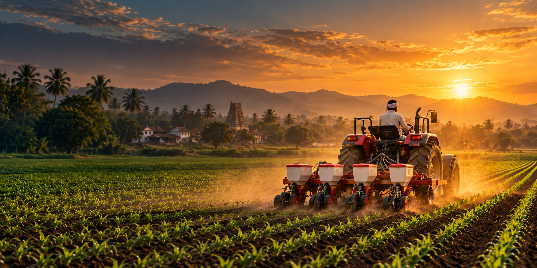 Farmer driving a red tractor with a four-row planter through young crop rows at golden hour, temple and palms behind