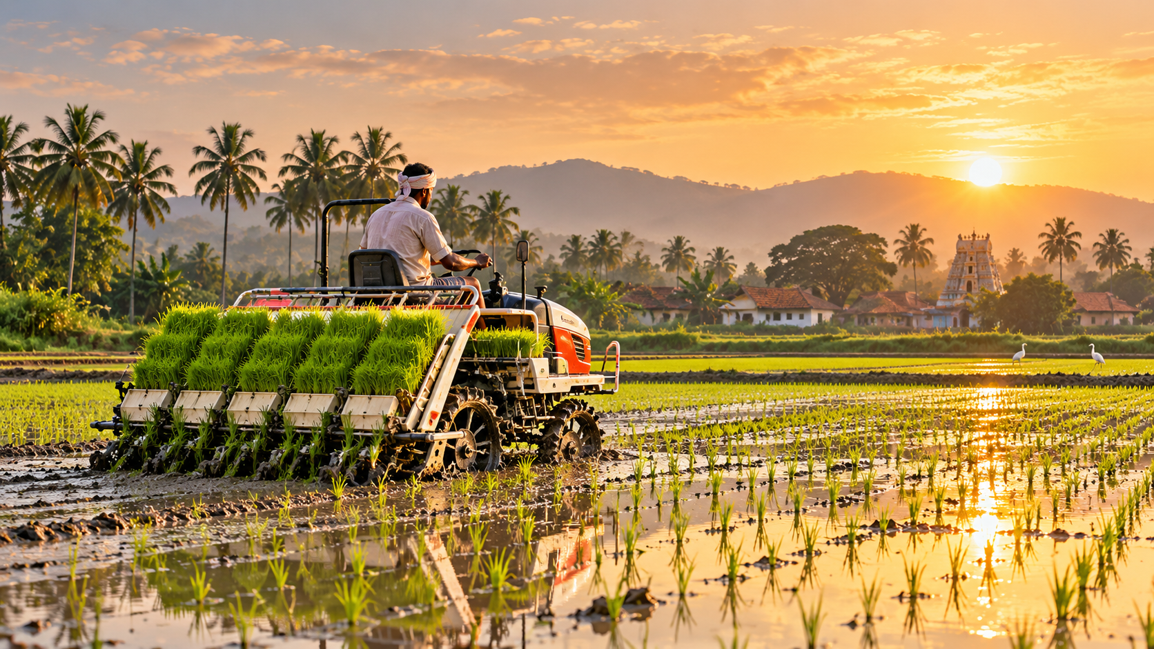 Rice transplanter planting a paddy field at sunrise
