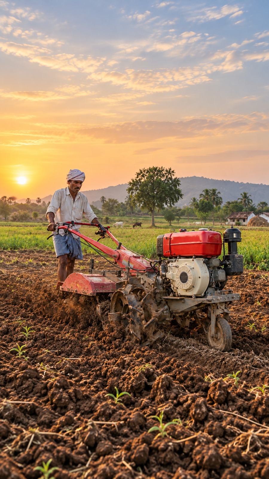 A farmer ploughing a field with a power tiller at sunset